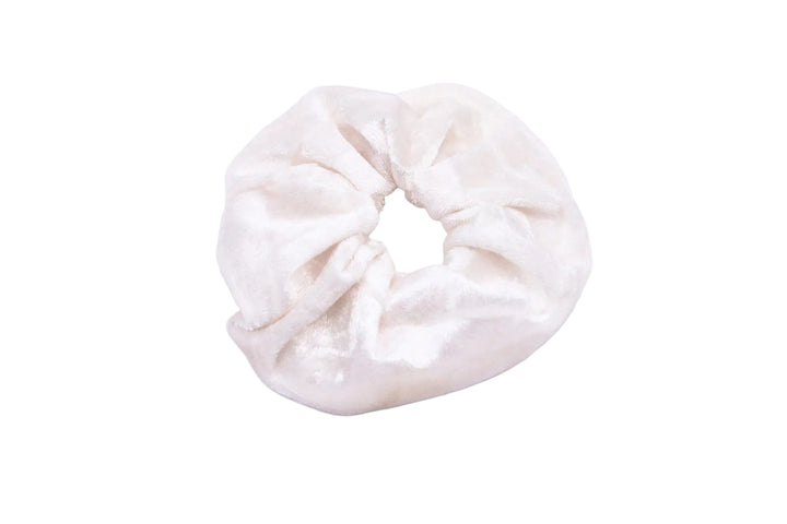 White satin hair scrunchie on a white background